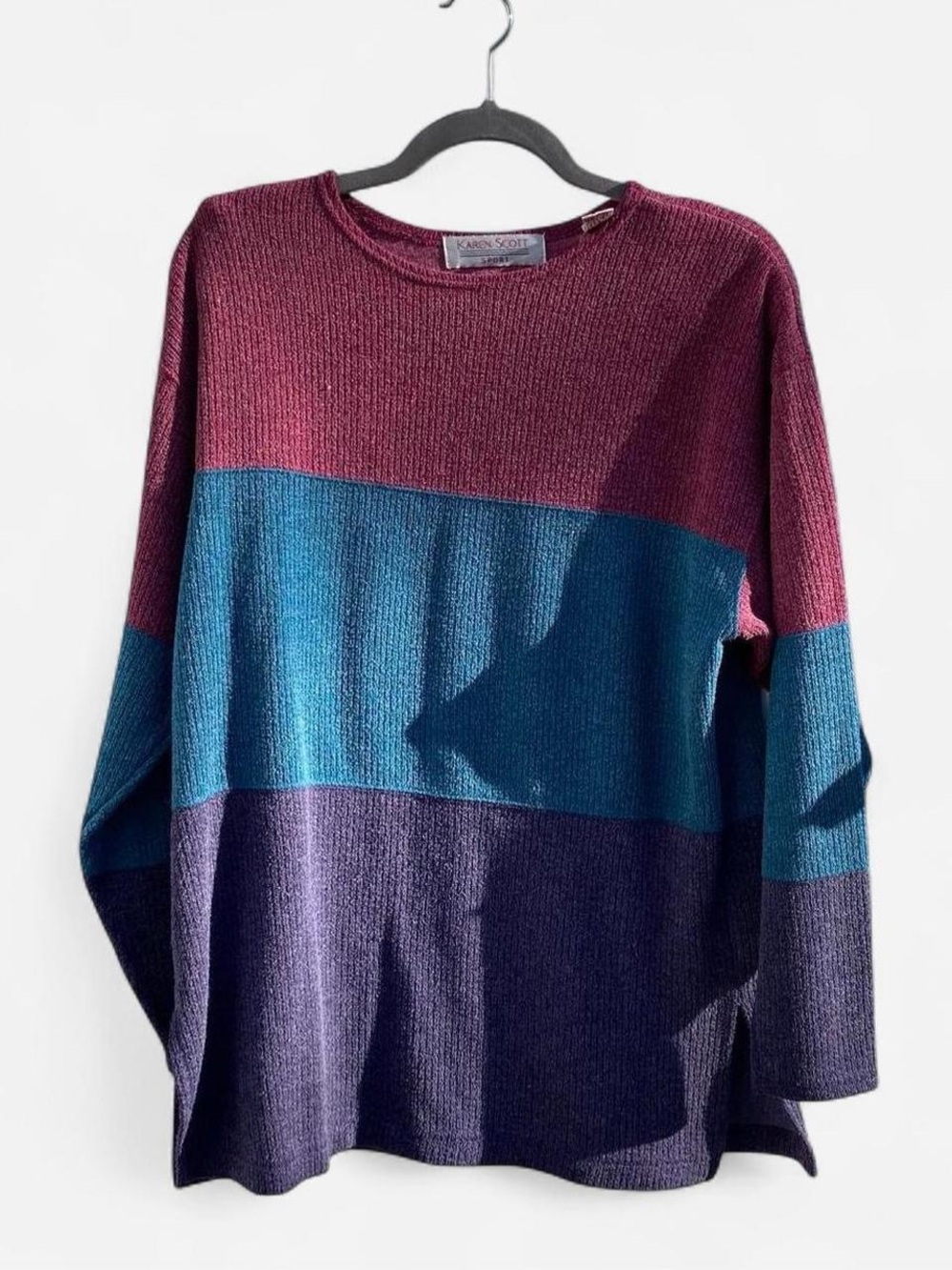 Vintage 90s Karen Scott Colorblock Sweater Small Striped Burgundy Top Eclectic